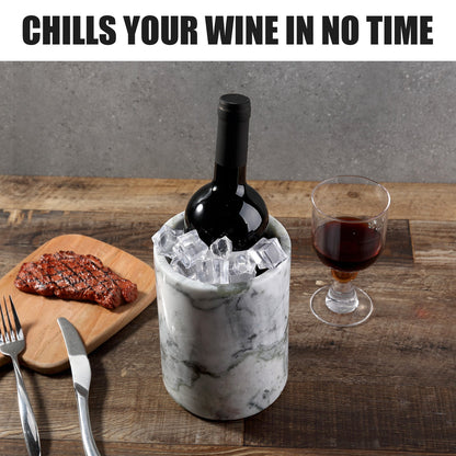 Koville Natural Stone Straight Wine Cooler in Bianco Palomino on a dining table with a wine bottle