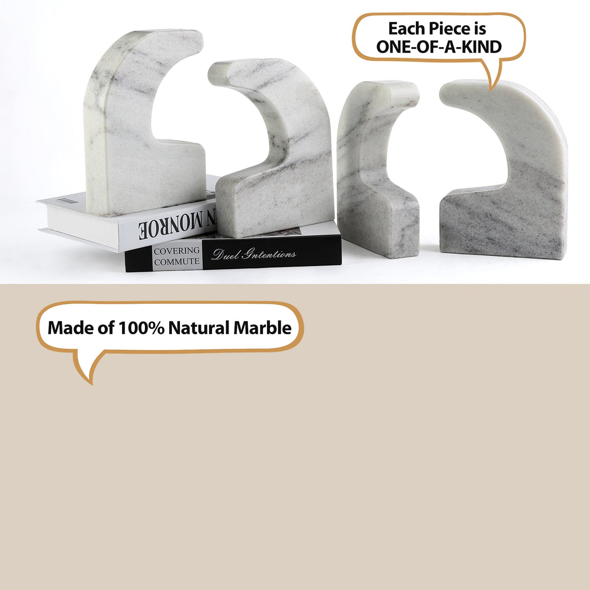 Koville natural marble swan bookend in Mist White - design detail