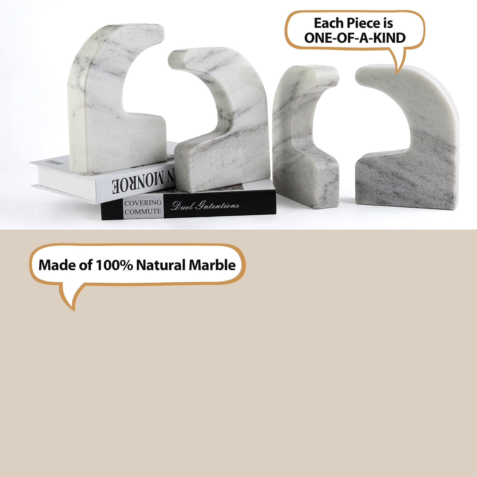 Koville Natural Marble Swan Bookend Set for Shelf Decor in Mist White - natural stone finish