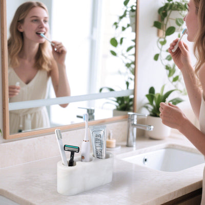 Koville Natural Marble natural stone toothbrush holder in Karibib Ice for bathroom vanity