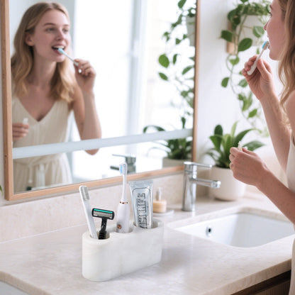 Koville Natural Marble natural stone toothbrush holder in Karibib Ice for bathroom vanity
