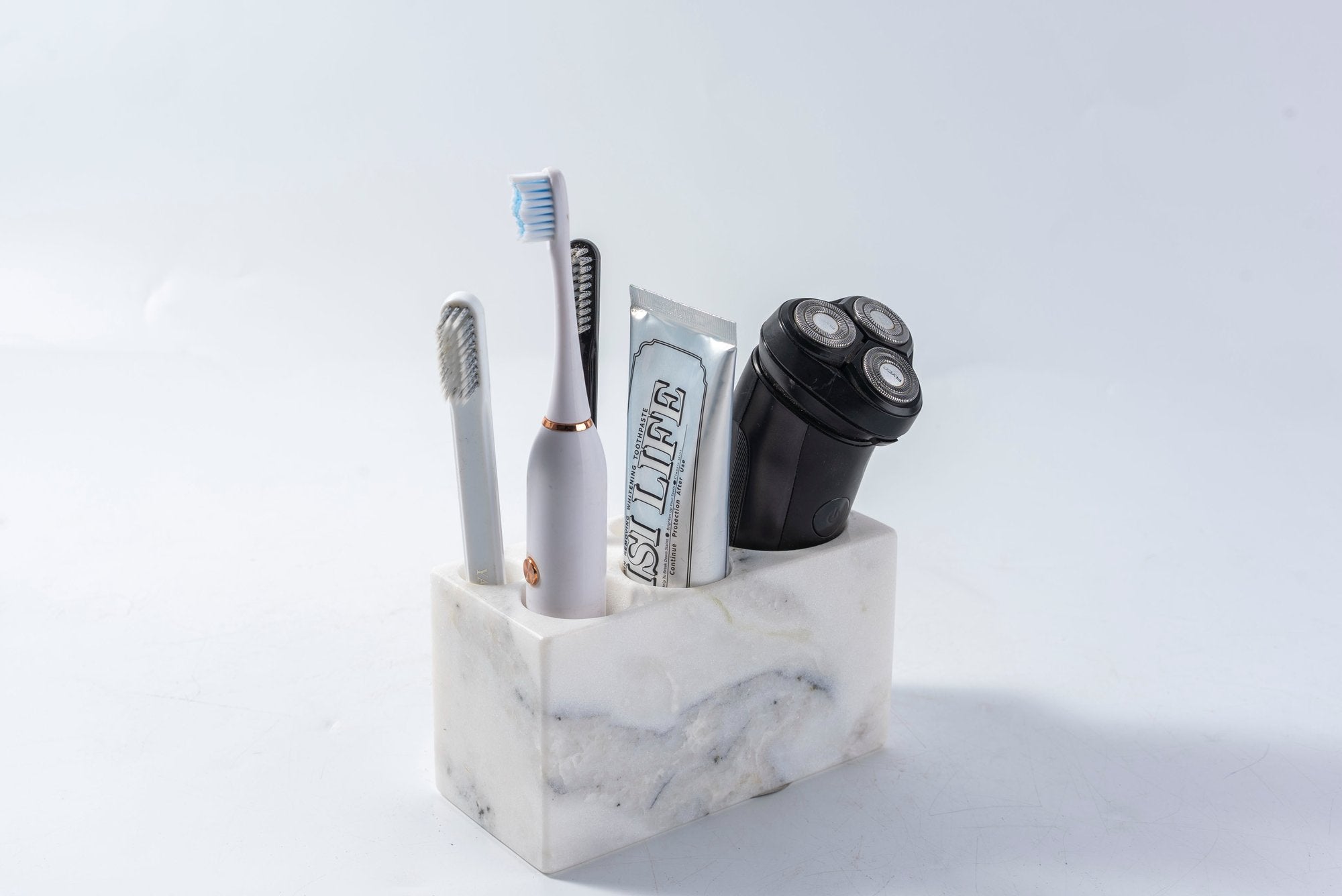 Koville Natural Marble natural stone toothbrush holder in Grigio Fantasy for bathroom vanity