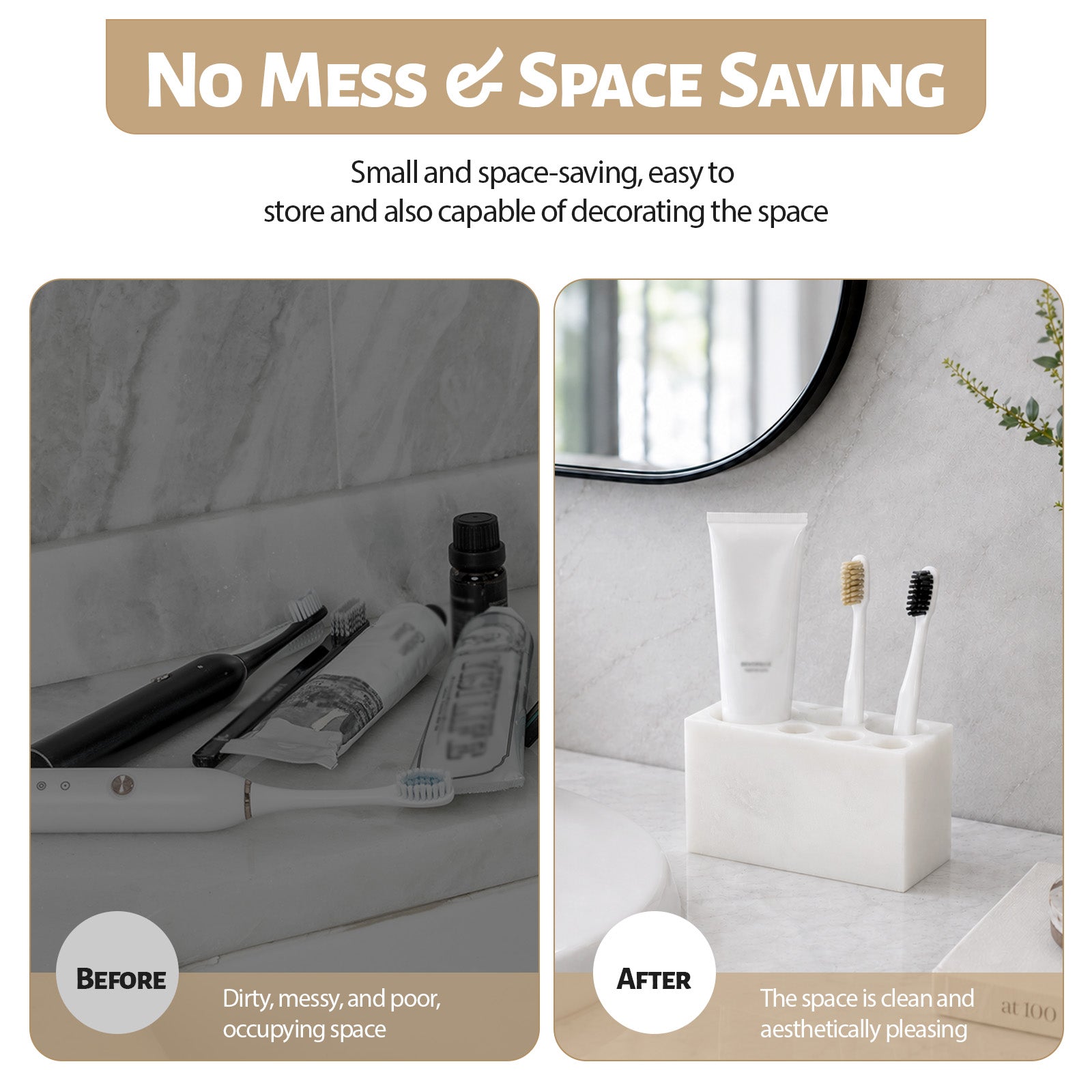 Koville Natural Marble natural stone toothbrush holder in Namib Bianco for bathroom vanity