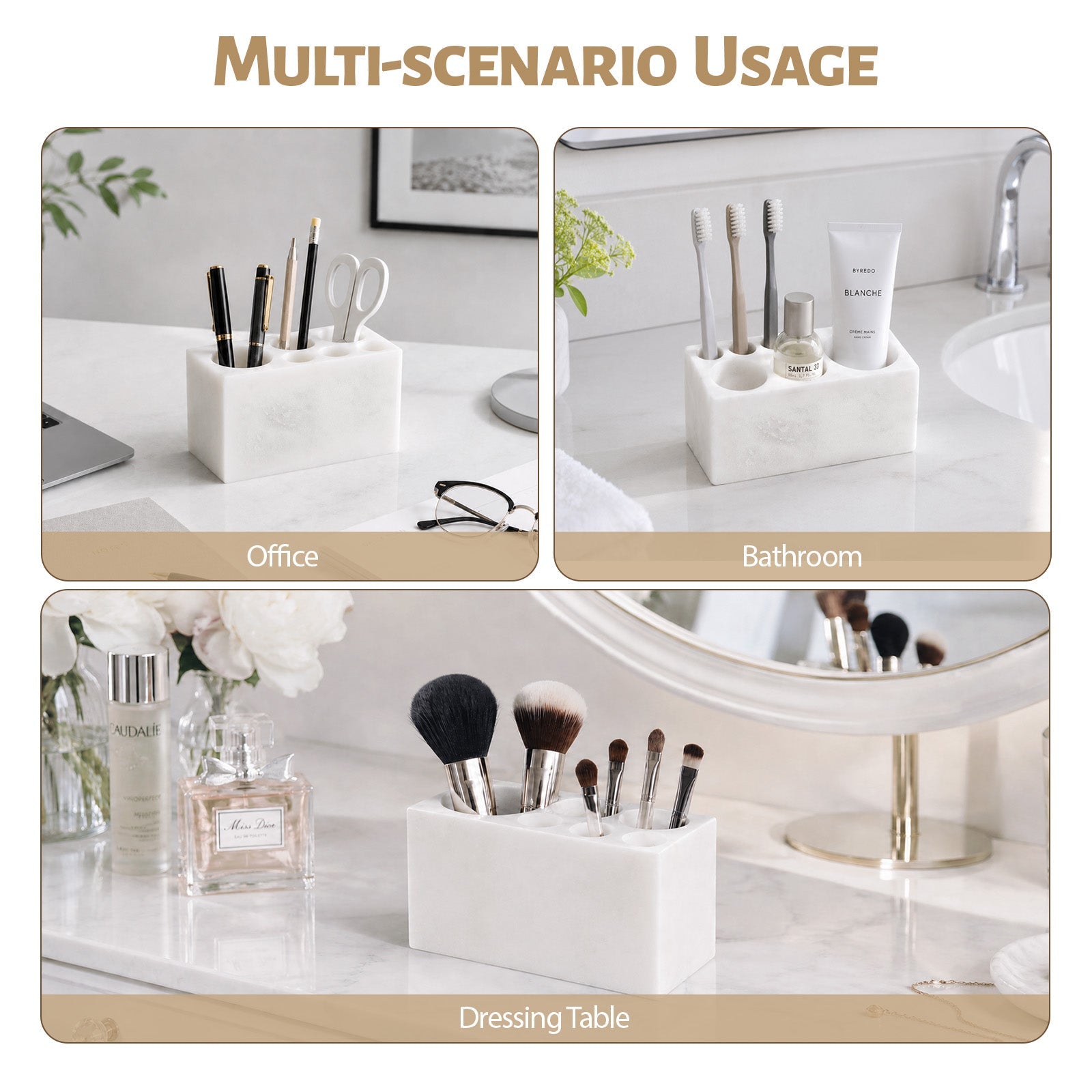 Koville Natural Marble natural stone toothbrush holder in Namib Bianco for bathroom vanity