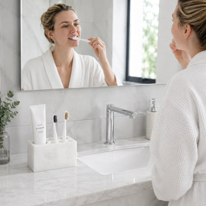 Koville Natural Marble natural stone toothbrush holder in Namib Bianco for bathroom vanity