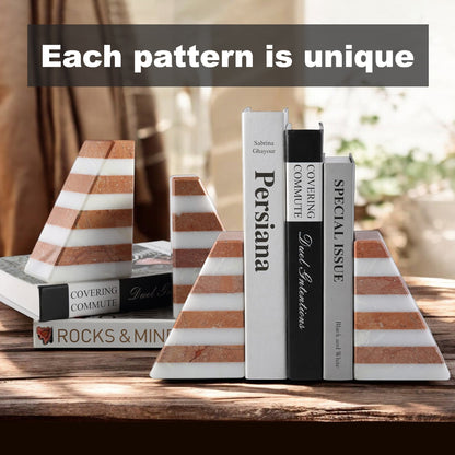 Luxury marble bookends decorating a modern bookshelf interior
