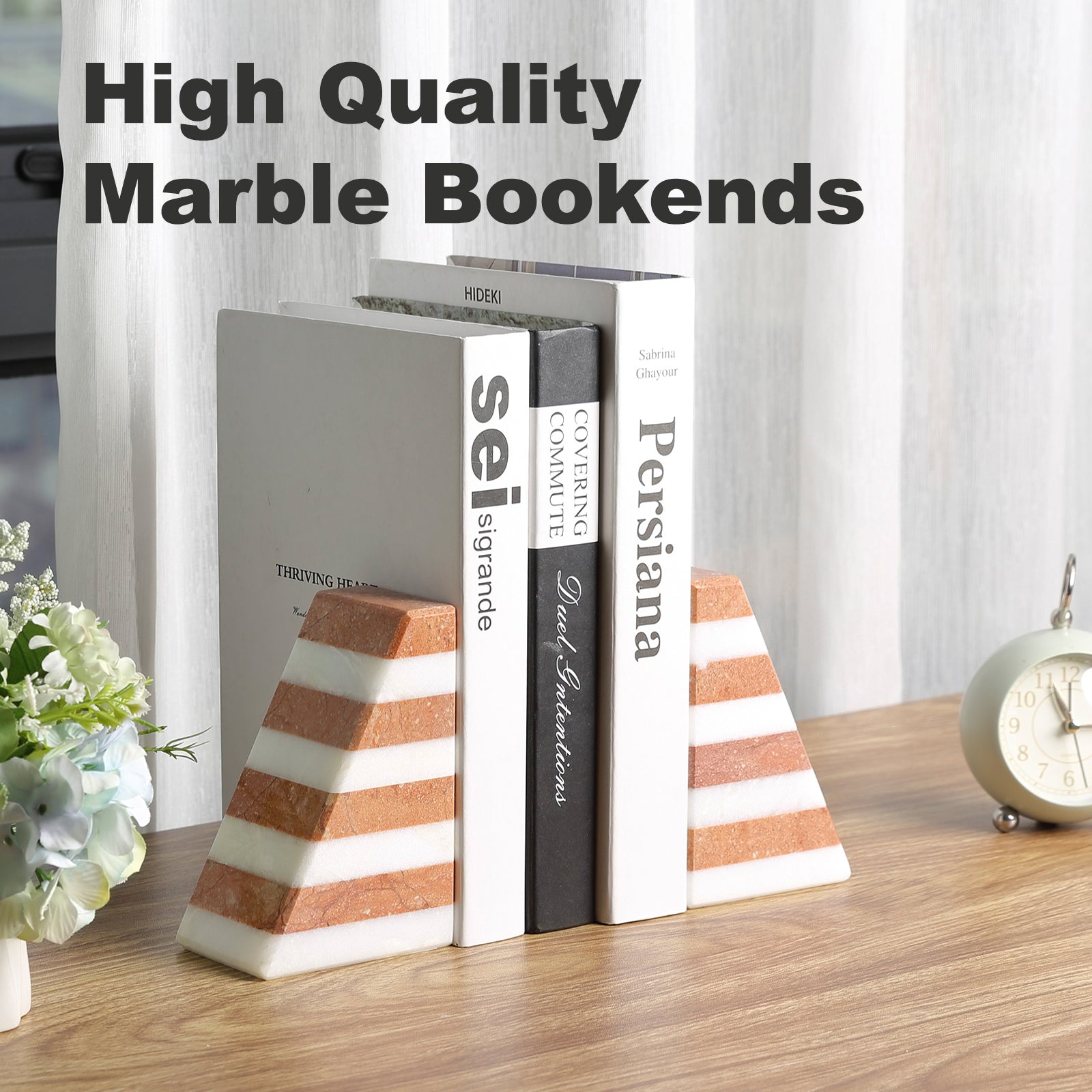 Luxury marble bookends decorating a modern bookshelf interior