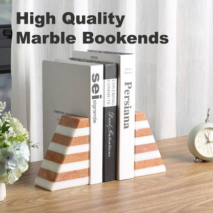 Luxury marble bookends decorating a modern bookshelf interior
