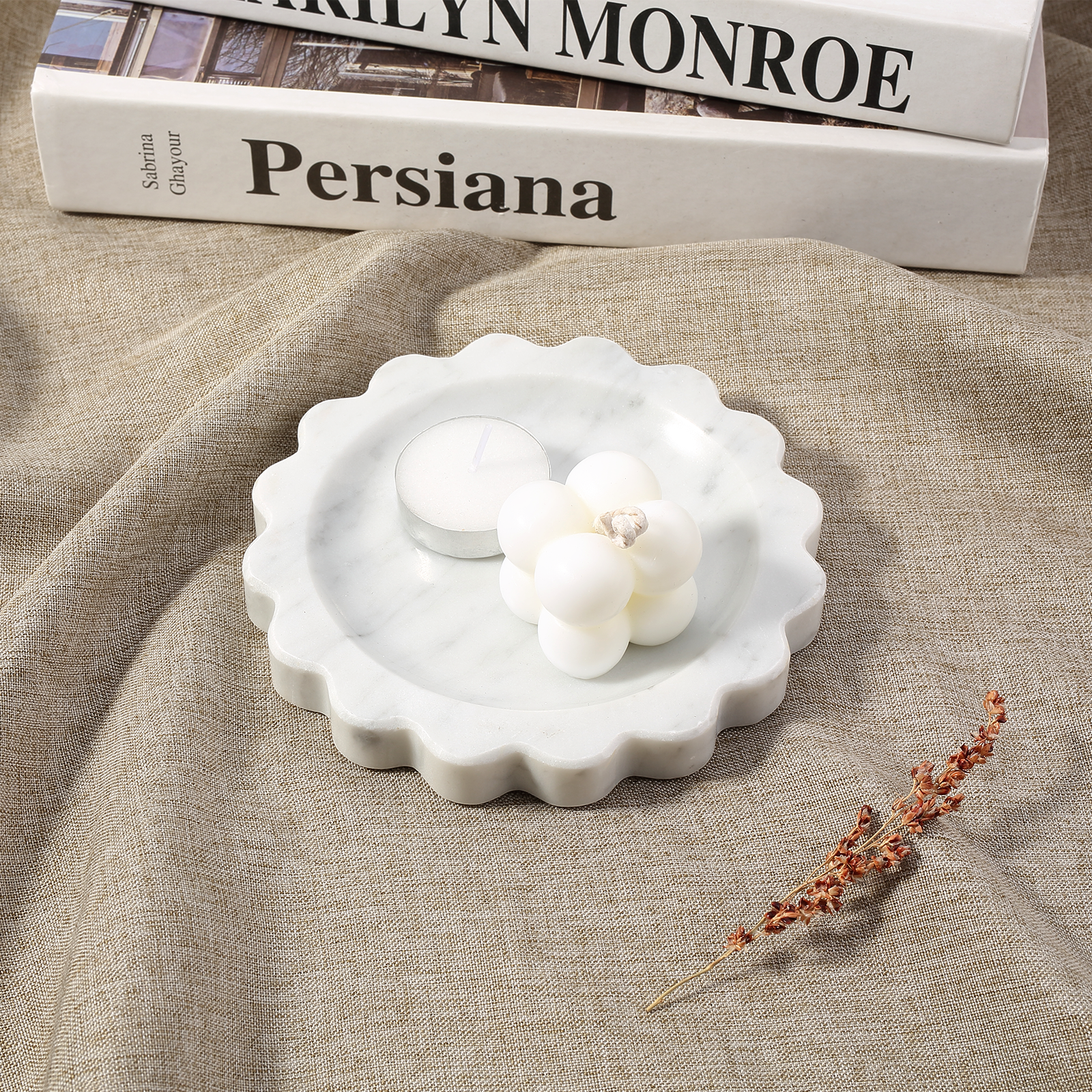 Koville Natural Marble Wavy Edge Storage Tray for Small Items in Bianco Carrara - stone surface detail