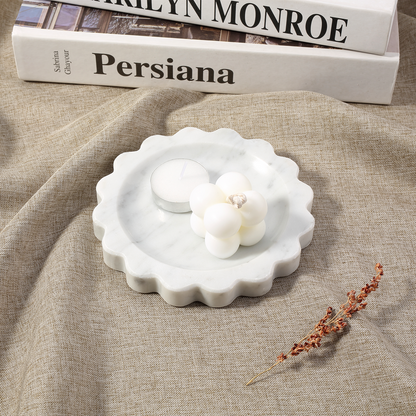 Koville Natural Marble Wavy Edge Storage Tray for Small Items in Bianco Carrara - stone surface detail