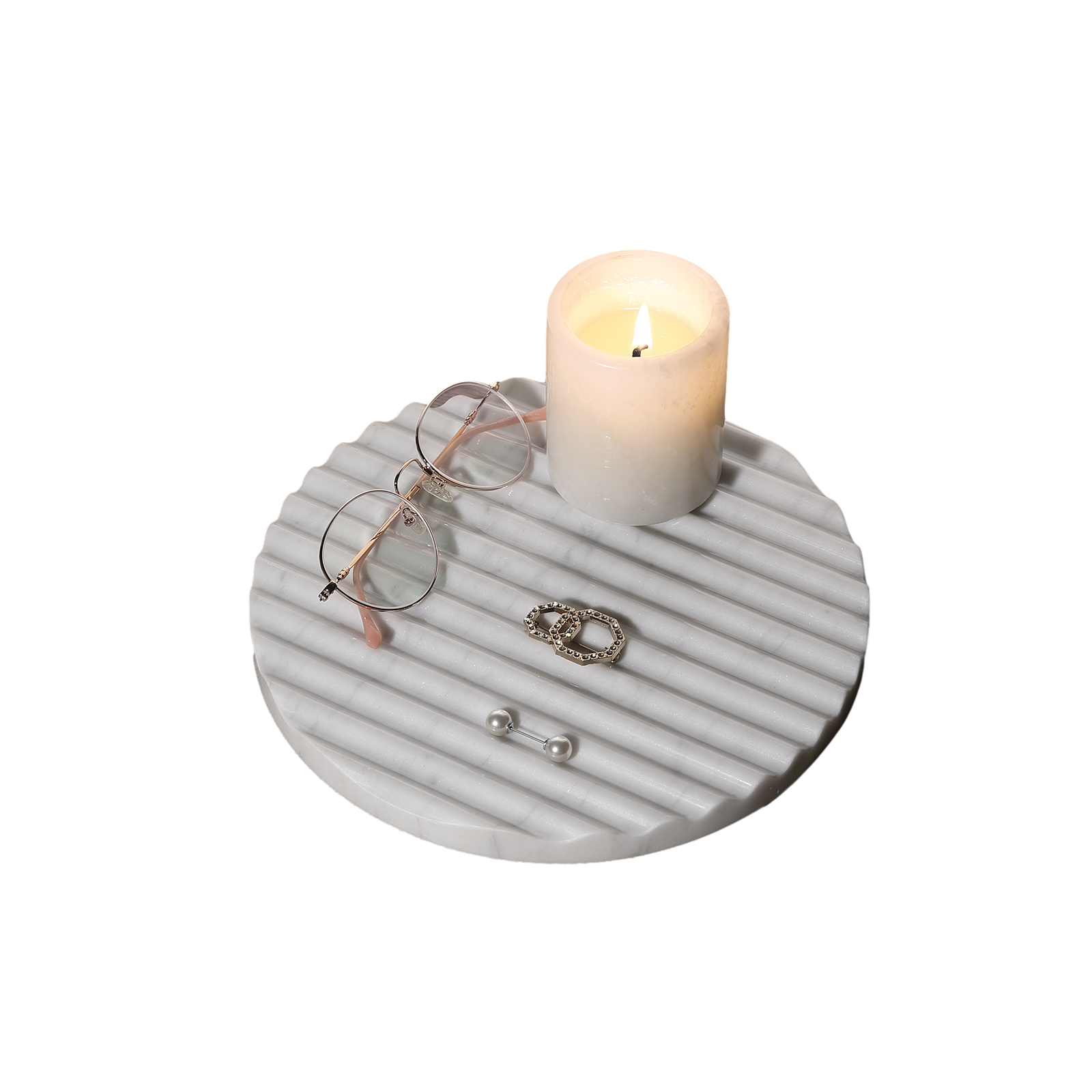 Koville Natural Marble Wavy Round Decorative Tray for Tabletop Styling in Bianco Carrara - natural stone finish