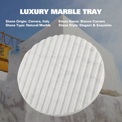 Koville Natural Marble Wavy Round Decorative Tray for Tabletop Styling in Bianco Carrara - stone surface detail