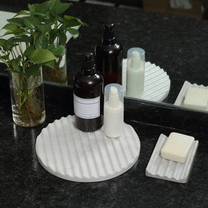 Koville Natural Marble Wavy Round Decorative Tray for Tabletop Styling in Bianco Carrara - product presentation