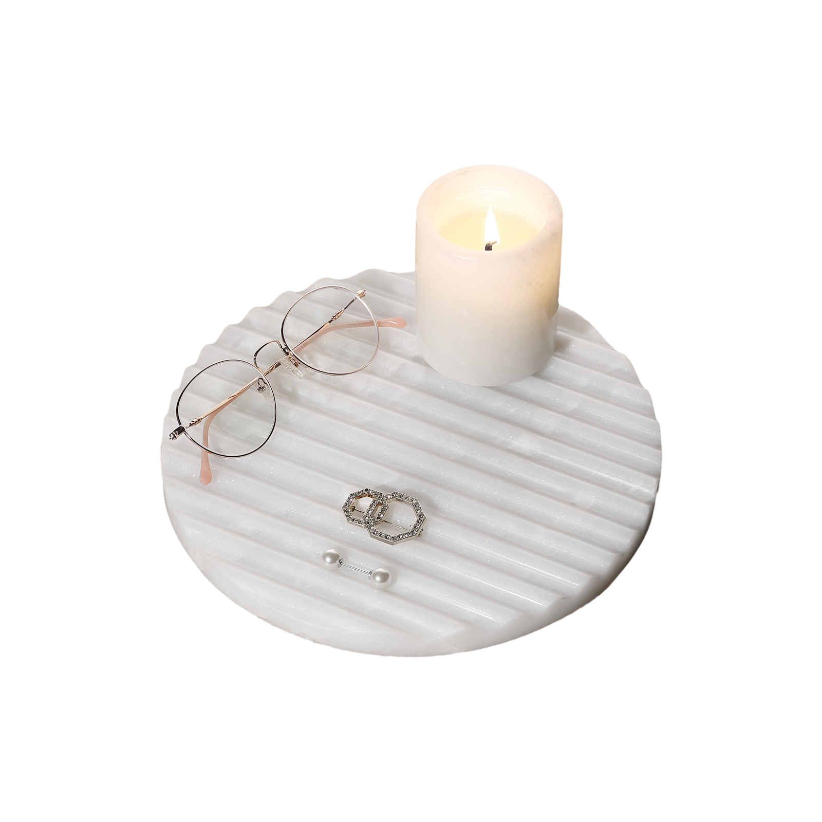 Koville Natural Marble Wavy Round Decorative Tray for Tabletop Styling in Namib Bianco - stone surface detail
