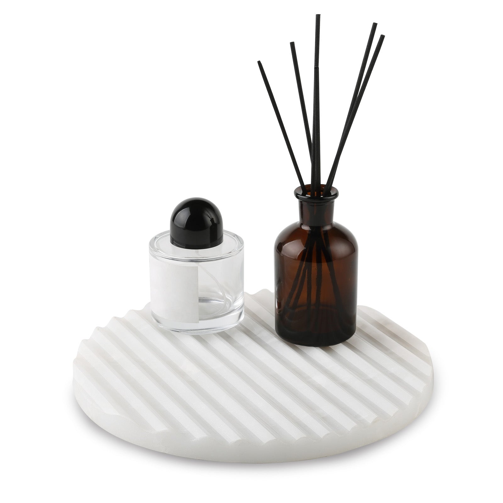 Koville Natural Marble Wavy Round Decorative Tray for Tabletop Styling in Namib Bianco - natural stone finish