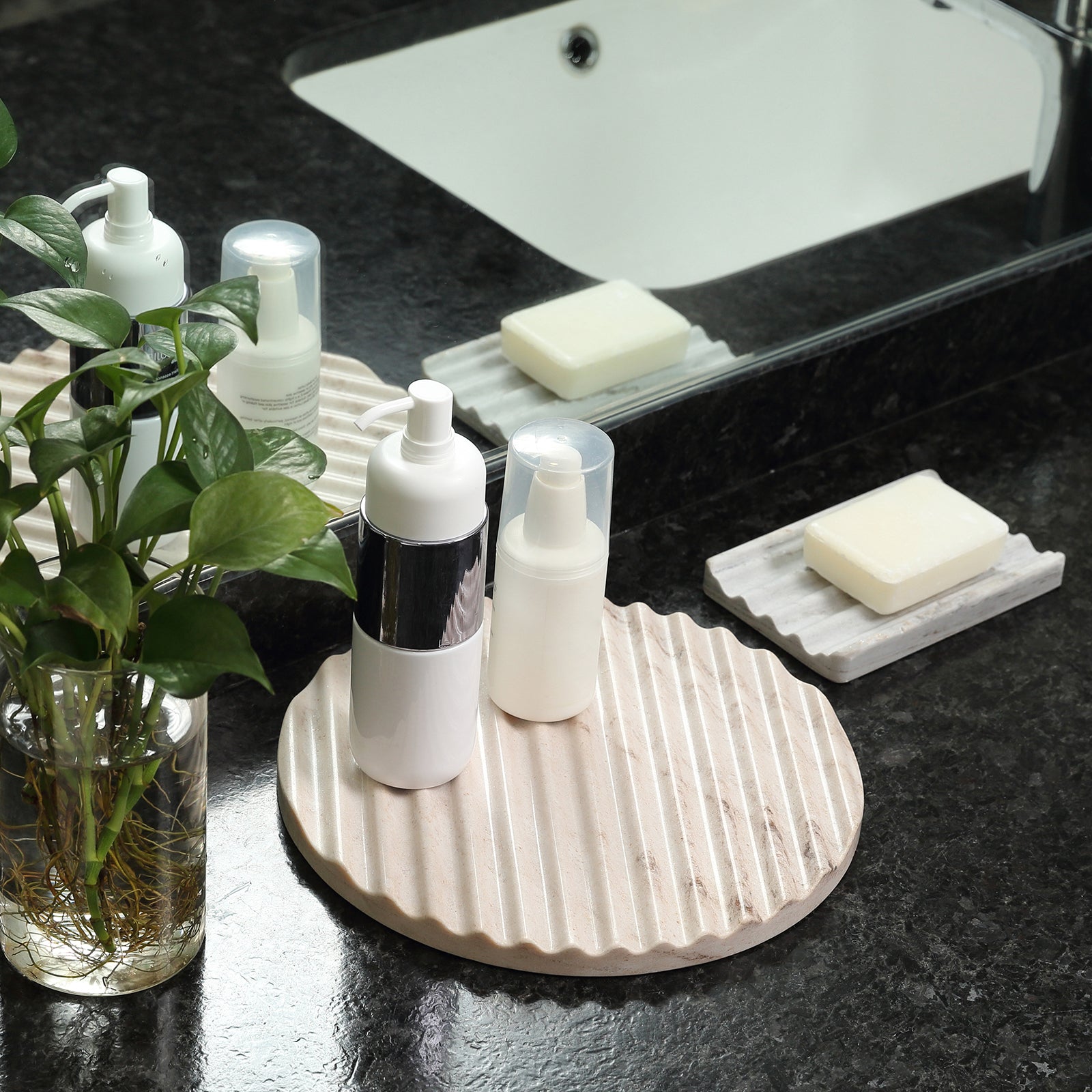 Koville Natural Stone Wavy Round Decorative Tray for Tabletop Styling in Palissandro Classico - natural stone finish