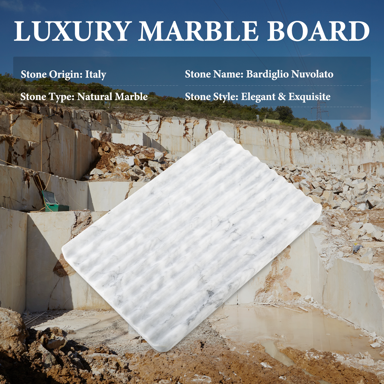 Koville Natural Stone Wavy Square Decorative Tray for Tabletop Styling in Bardiglio Nuvolato - crafted stone profile
