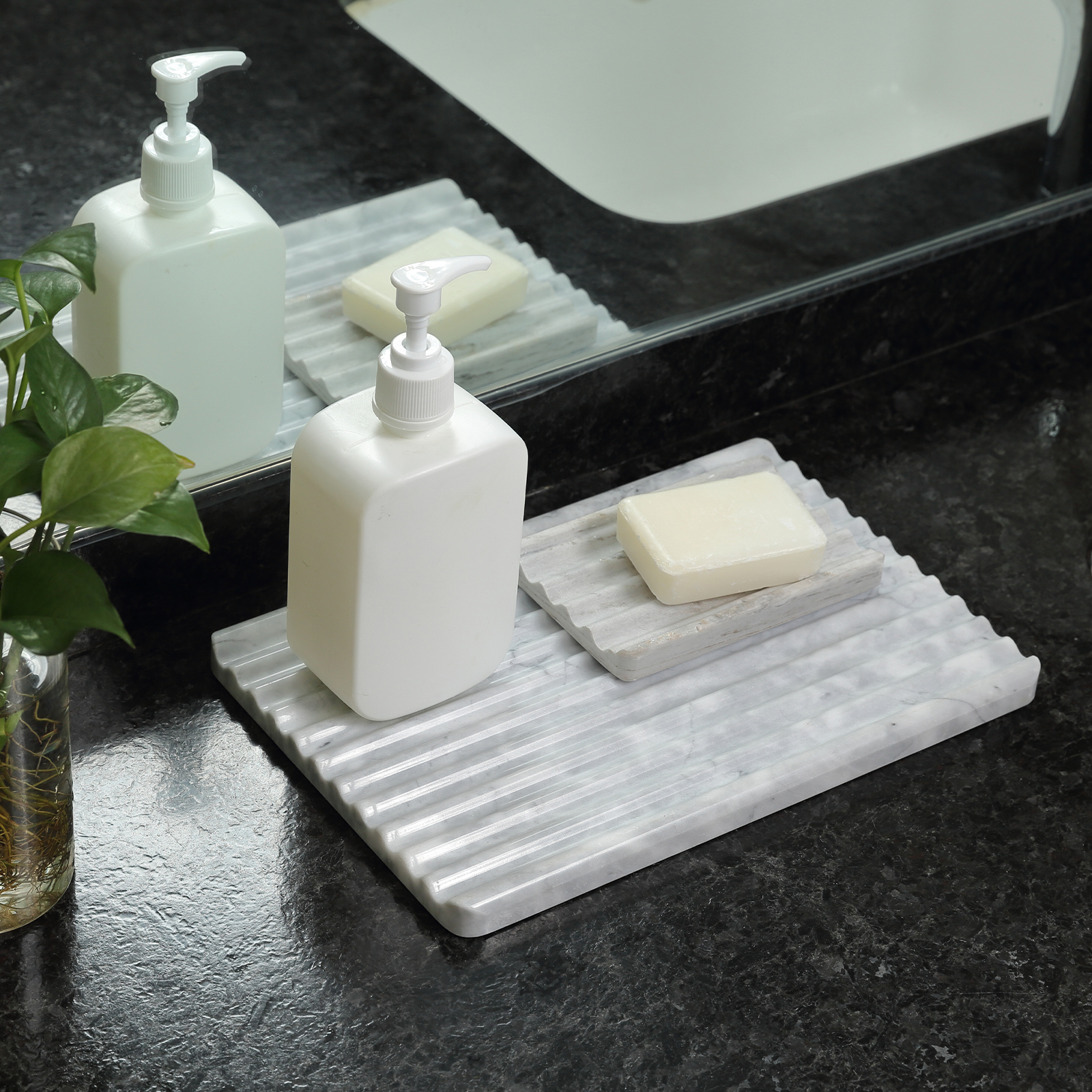 Koville Natural Stone Wavy Square Decorative Tray for Tabletop Styling in Bardiglio Nuvolato - stone surface detail
