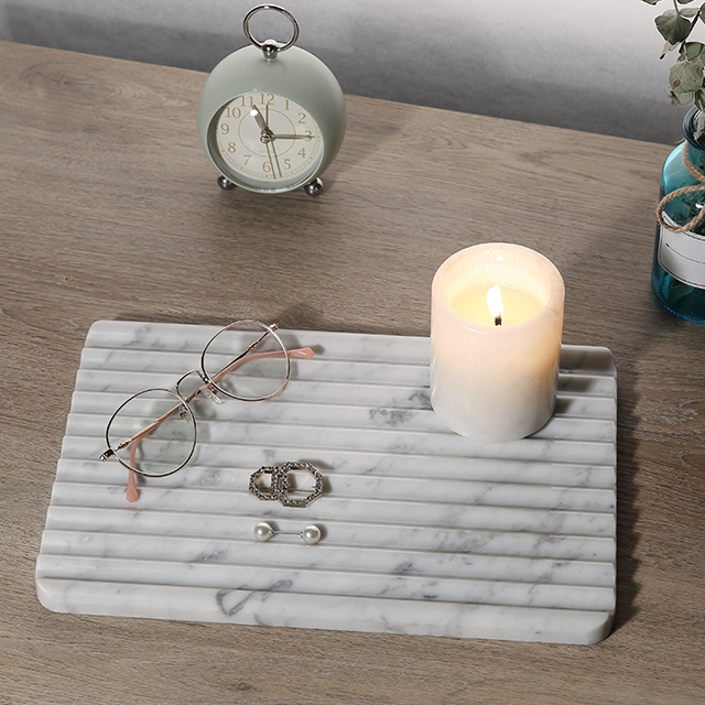 Koville Natural Marble Wavy Square Decorative Tray for Tabletop Styling in Bianco Carrara - natural stone finish