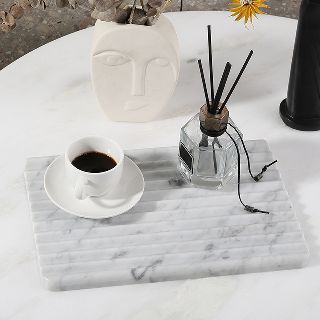 Koville Natural Marble Wavy Square Decorative Tray for Tabletop Styling in Bianco Carrara - product presentation