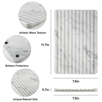 Koville natural marble wavy square decorative tray in Bianco Carrara - design detail