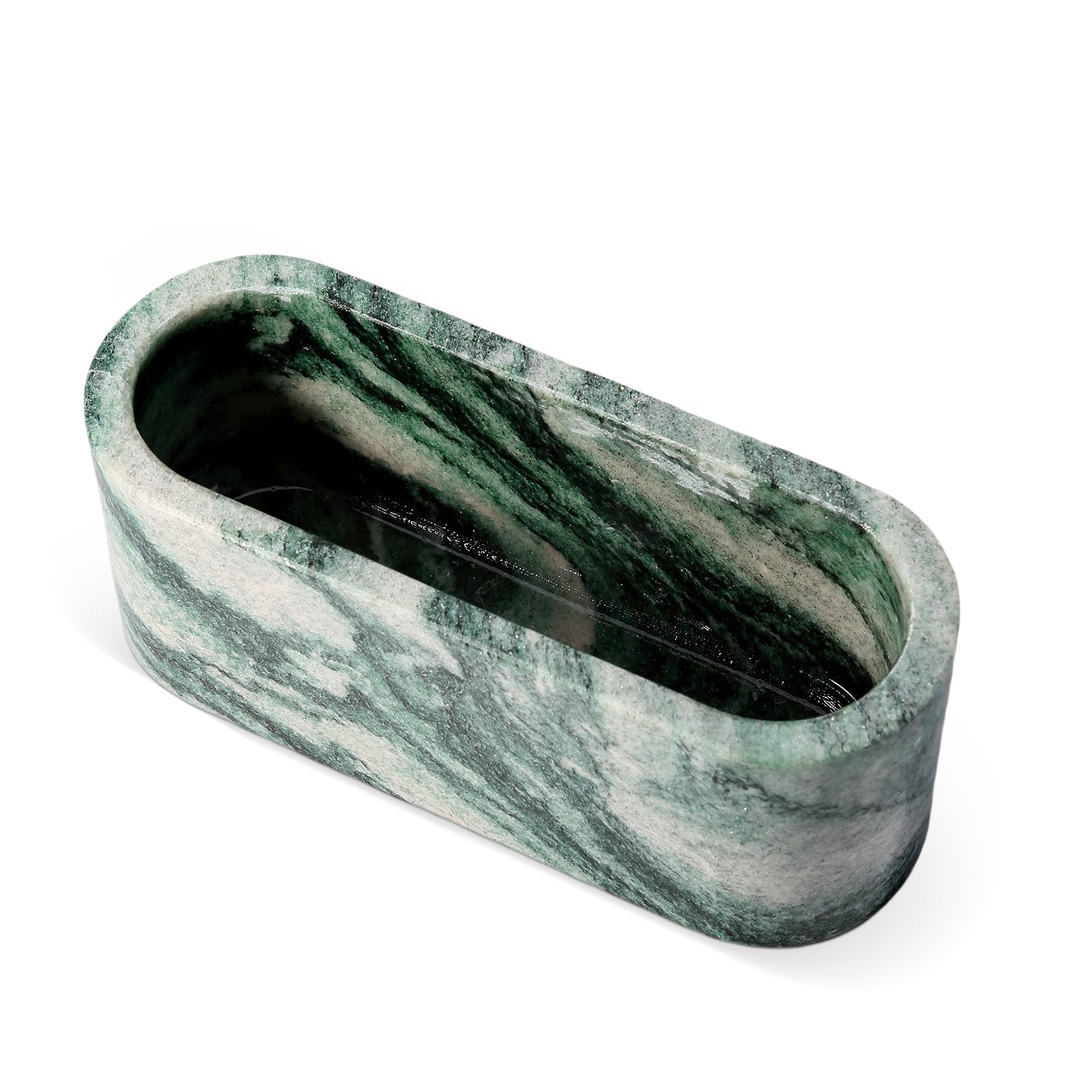 Koville natural marble candlelight cup 200 76 76 in Verde Lapponia with a lit tea light candle