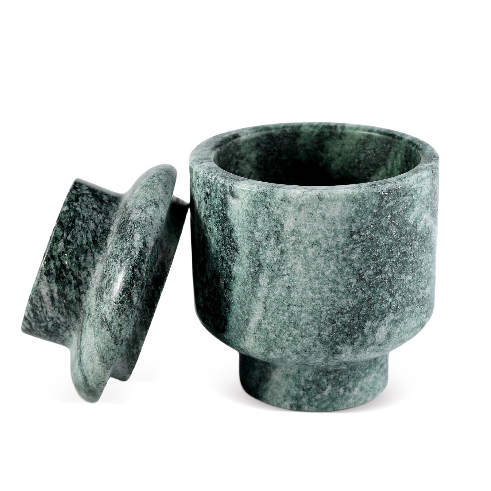 Koville natural marble candlelight cup d 100 t 140 in Verde Lapponia with a lit tea light candle