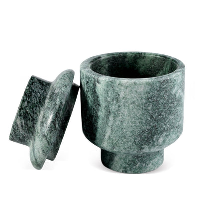 Koville natural marble candlelight cup d 100 t 140 in Verde Lapponia with a lit tea light candle