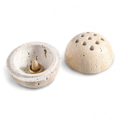 Koville natural marble incense burner d 100 in Travertino Romano with burning incense stick