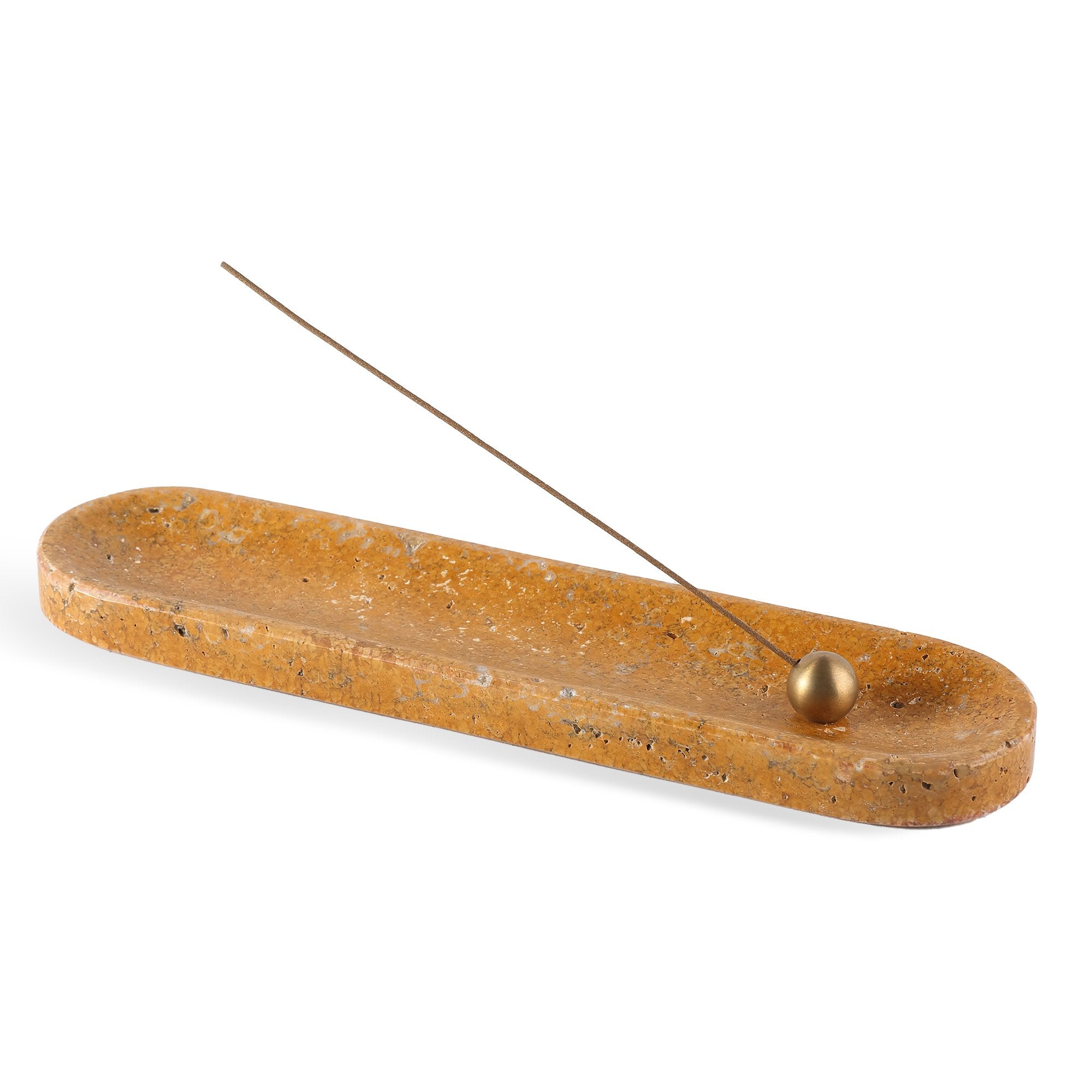 Koville natural marble incense burner pro oval in Golden Travertine with burning incense stick