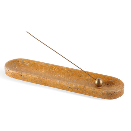 Koville natural marble incense burner pro oval in Golden Travertine with burning incense stick