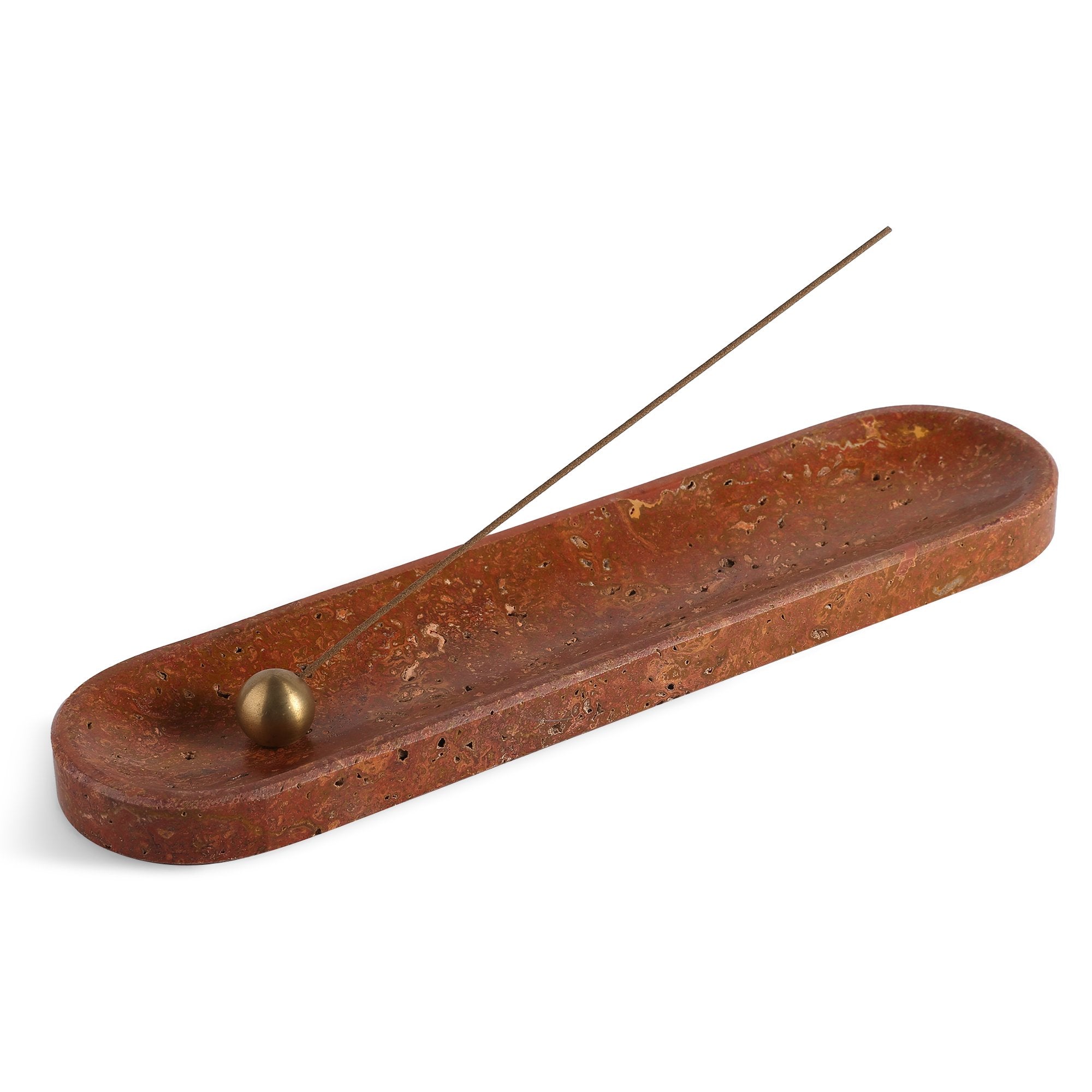 Koville natural marble incense burner pro oval in Red Travertine with burning incense stick