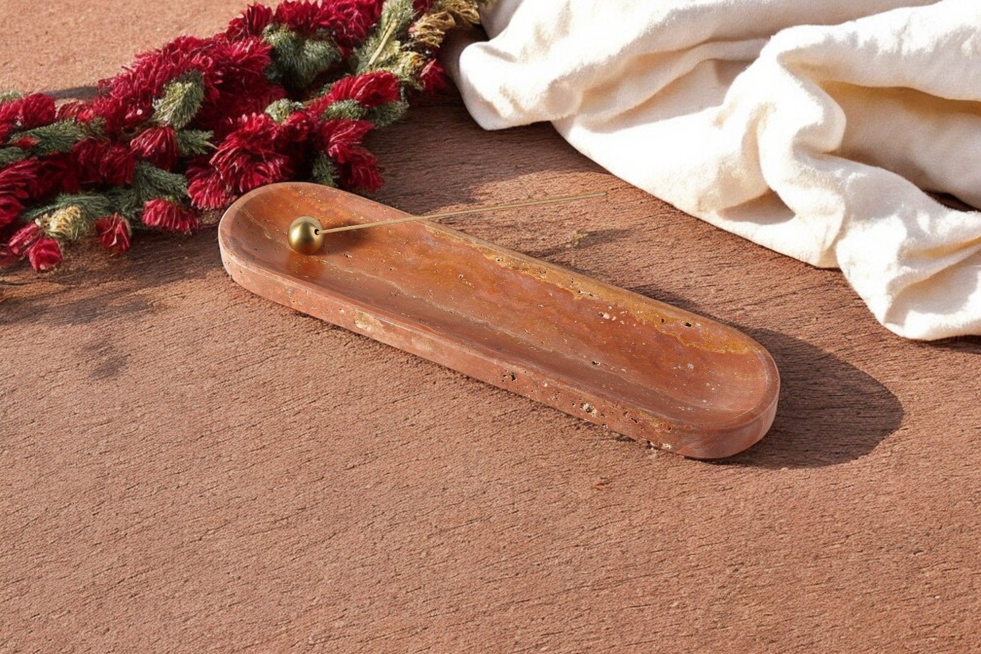 Koville natural marble incense burner pro oval in Red Travertine with burning incense stick