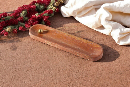 Koville natural marble incense burner pro oval in Red Travertine with burning incense stick