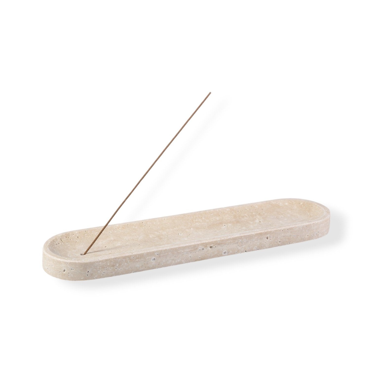 Koville natural marble incense burner pro oval in Travertino Romano with burning incense stick