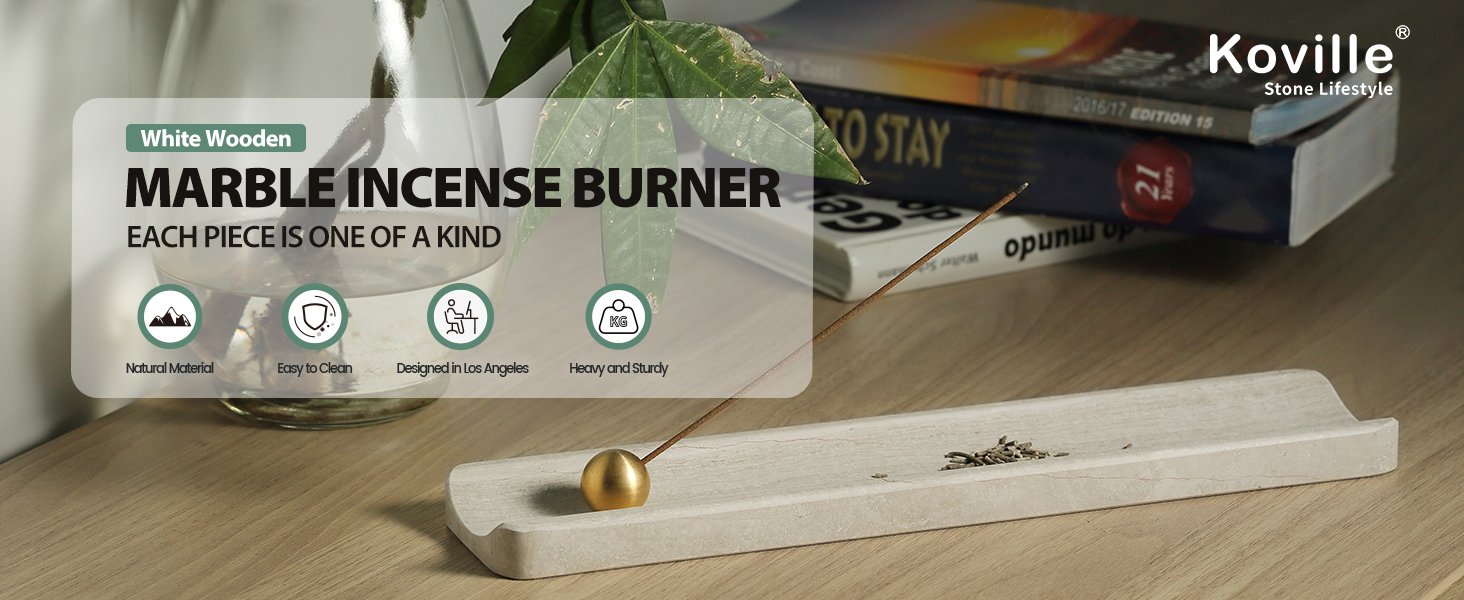 Koville natural marble incense holder in White Wooden with burning incense stick