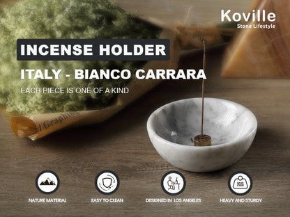 Koville natural marble incense holder pro d 130 t 45 in Bianco Carrara with burning incense stick