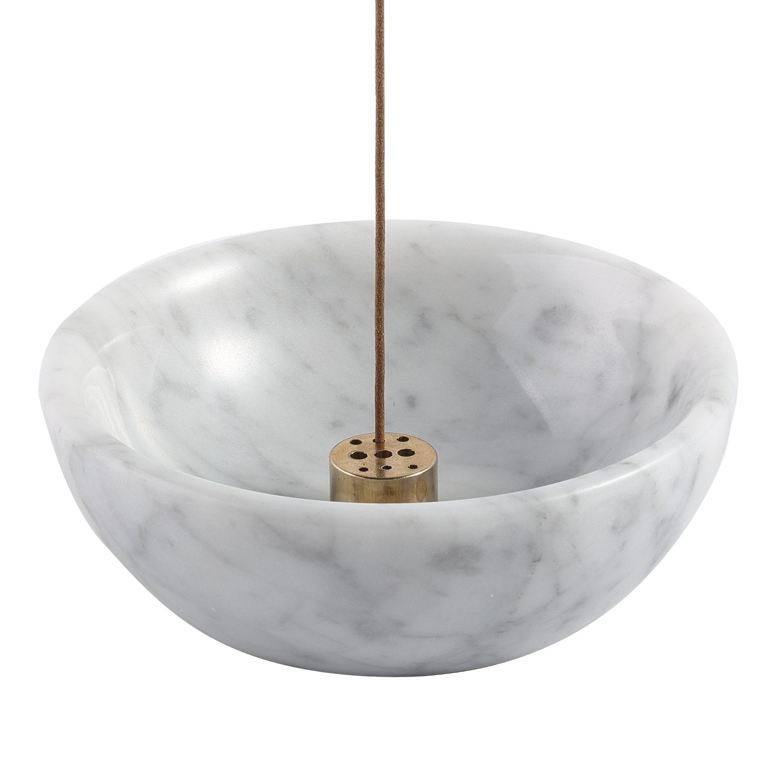 Koville natural marble incense holder pro d 130 t 45 in Bianco Carrara with burning incense stick