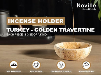Koville natural marble incense holder pro d 130 t 45 in Golden Travertine with burning incense stick
