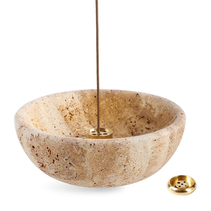 Koville natural marble incense holder pro d 130 t 45 in Golden Travertine with burning incense stick