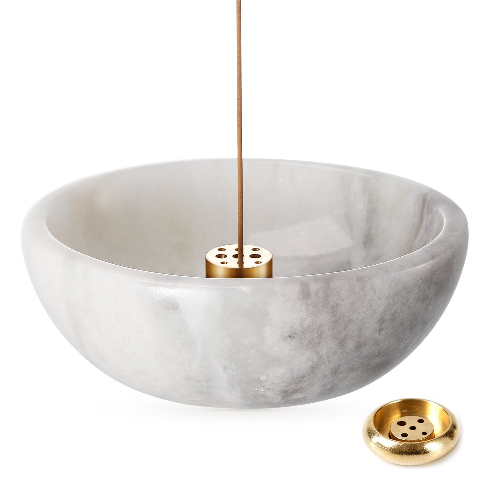 Koville natural marble incense holder pro d 130 t 45 in Grigio Fantasy with burning incense stick