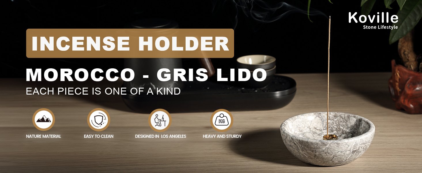 Koville natural marble incense holder pro d 130 t 45 in Gris Lido with burning incense stick