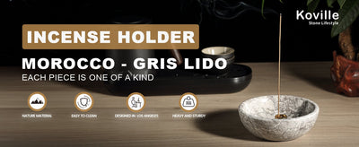 Koville incense holder in Gris Lido with burning incense stick