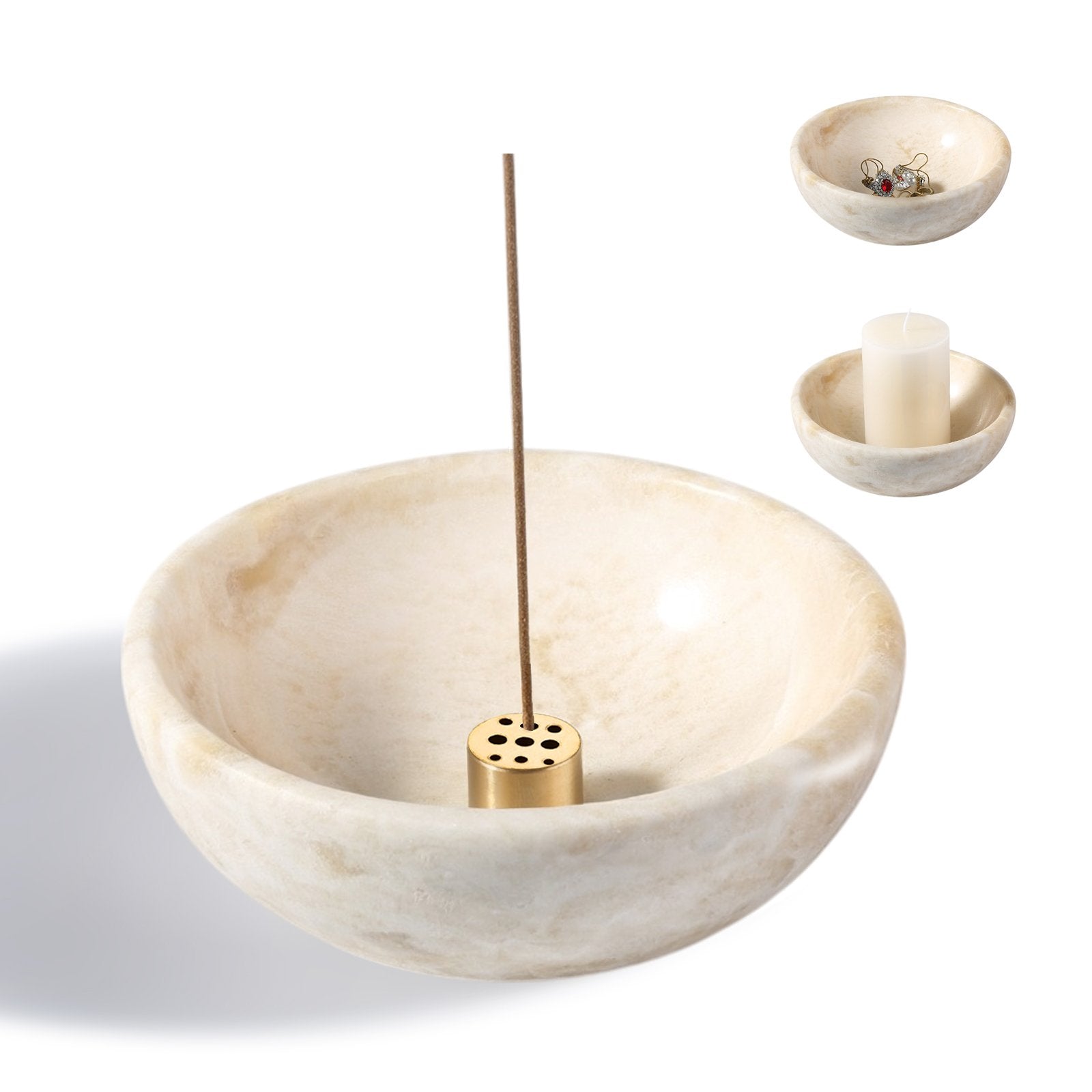 Koville natural marble incense holder pro d 130 t 45 in Navona with burning incense stick
