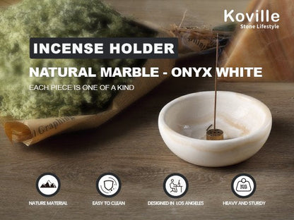 Koville natural marble incense holder pro d 130 t 45 in Onyx White with burning incense stick