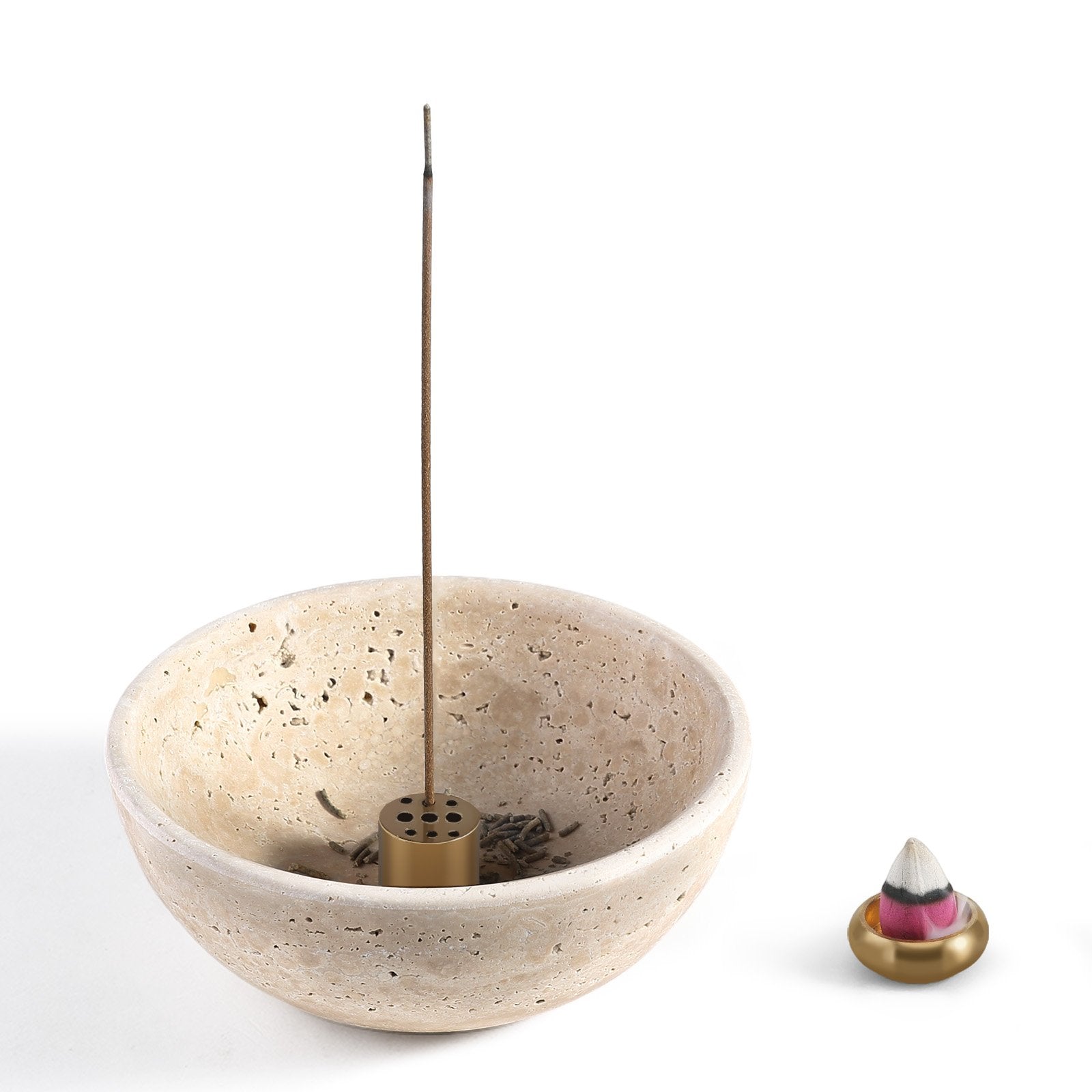 Koville natural marble incense holder pro d 130 t 45 in Travertino Romano with burning incense stick