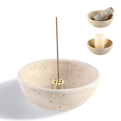 Koville natural marble incense holder pro d 130 t 45 in Travertino Romano with burning incense stick