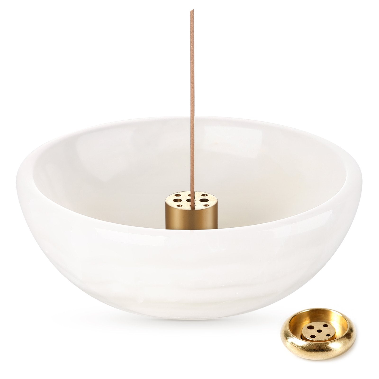 Koville natural marble incense holder pro d 130 t 45 in White Onyx with burning incense stick