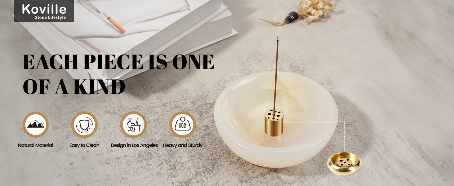 Koville natural marble incense holder pro d 130 t 45 in White Onyx with burning incense stick