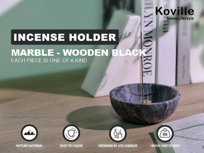 Koville incense holder in Wooden Black with burning incense stick